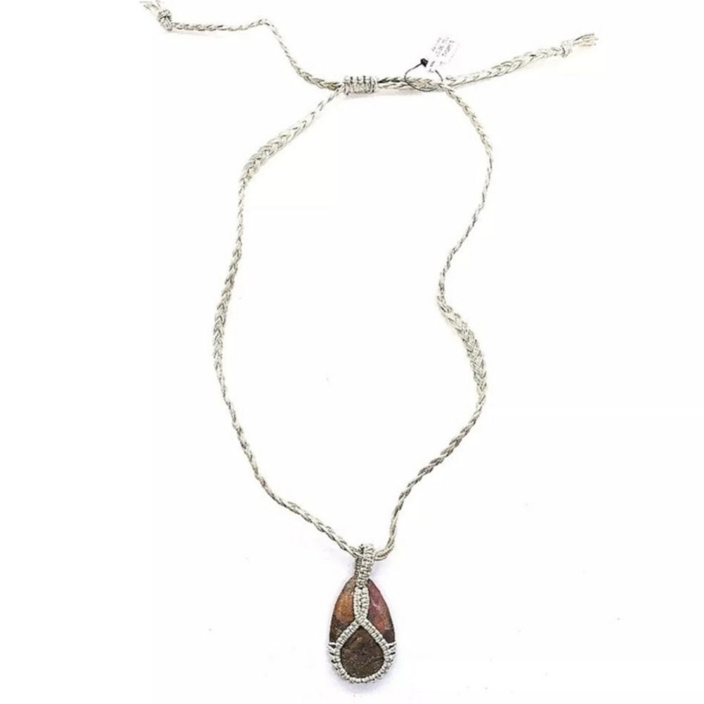 Free People Stone Pendant Necklace - Cream Color Braided Dark Mixed Stone NWT
